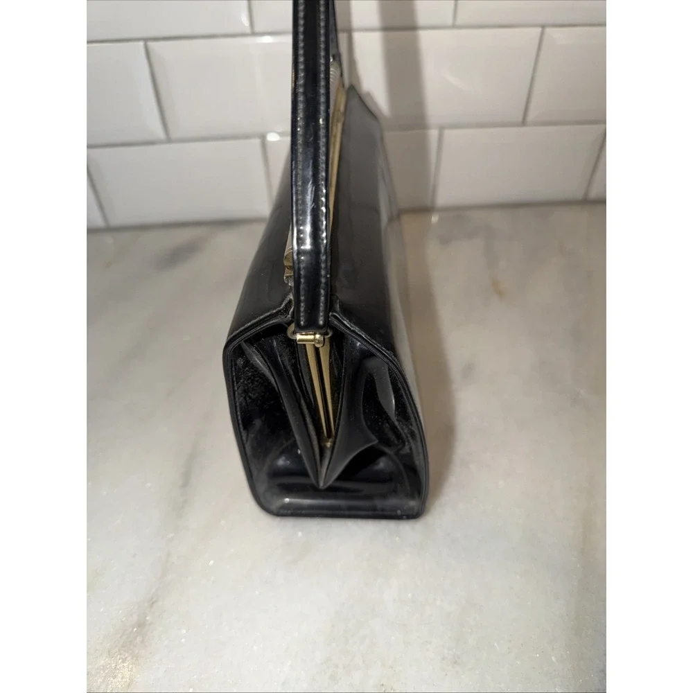 Vintage Theodore California Black Patent Leather Purse Brass Closure GW996